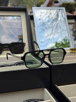Load image into Gallery viewer, Retro silver and black frame with green lenses

